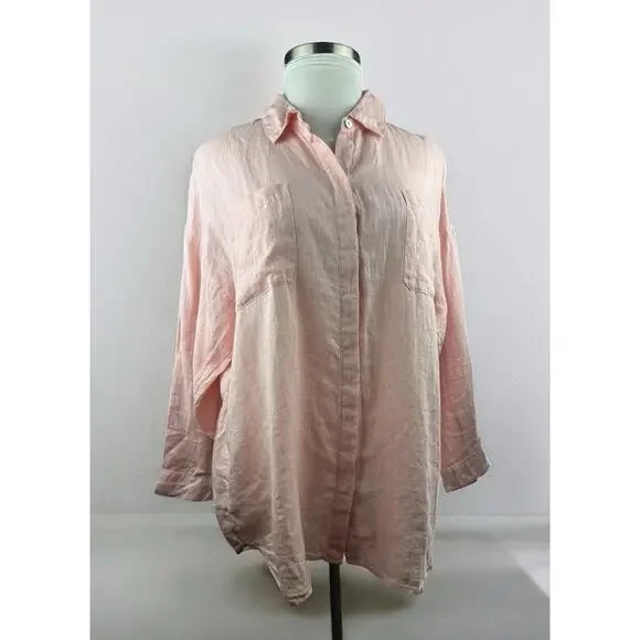 J. Jill Love Linen Button Up Tunic Top Double Pocket Pink XL Blouse Lagonlook - Picture 2 of 16